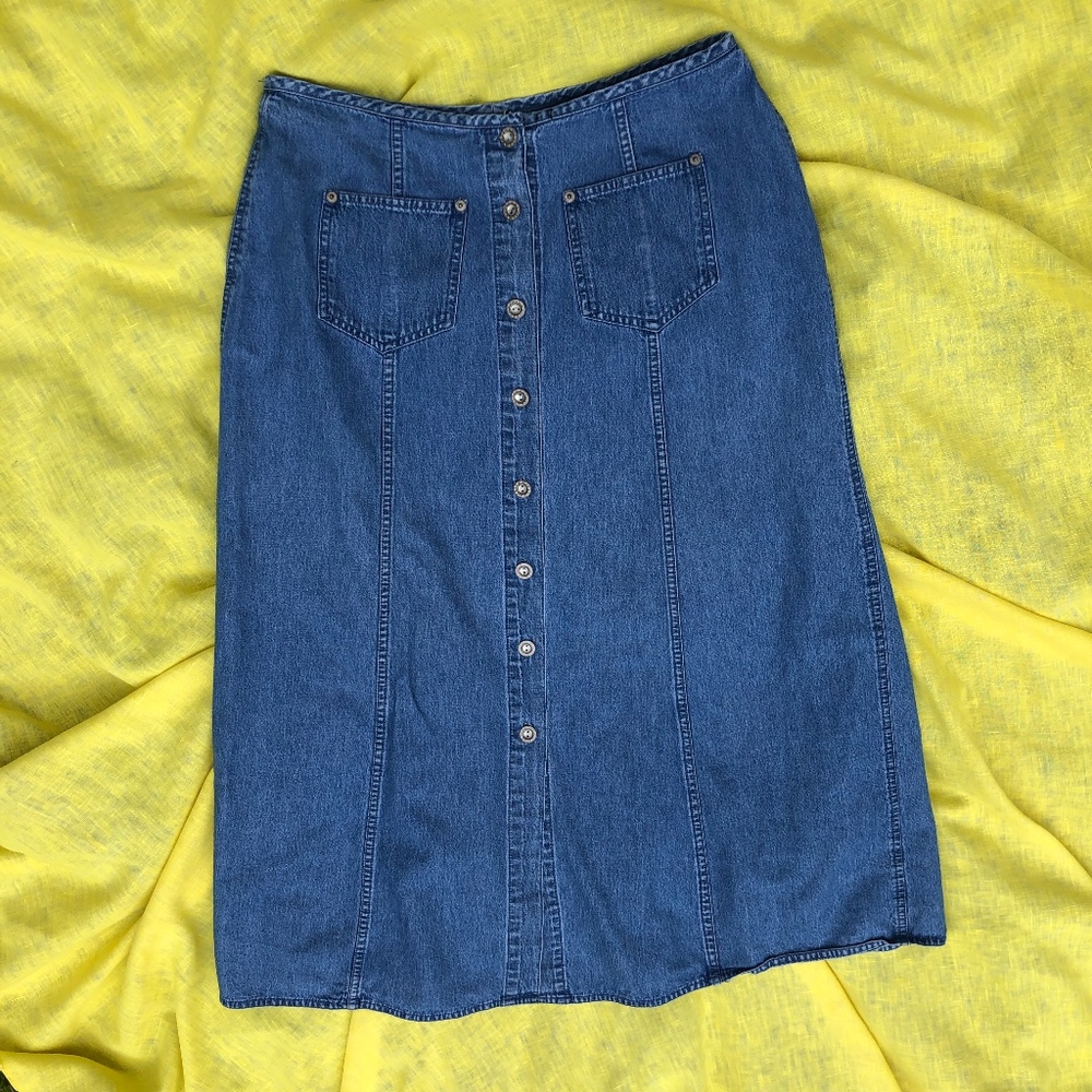 High Waisted Denim A-Line Midi Skirt, large